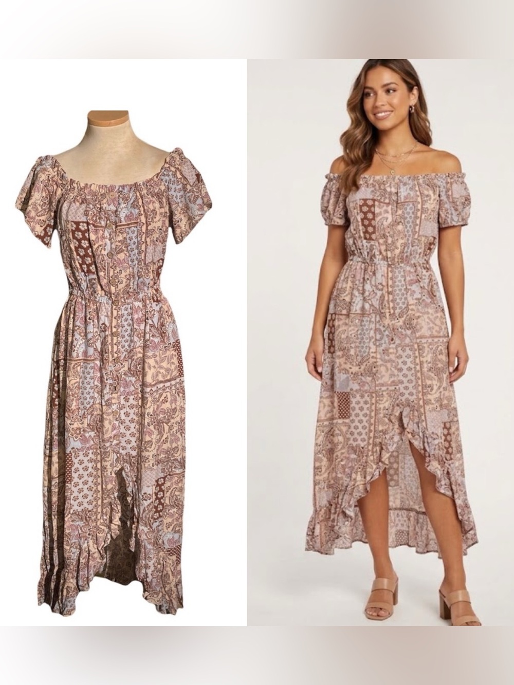 Vici Off The Shoulder Patchwork Maxi Dress with Front Slit Size Small Bohemian